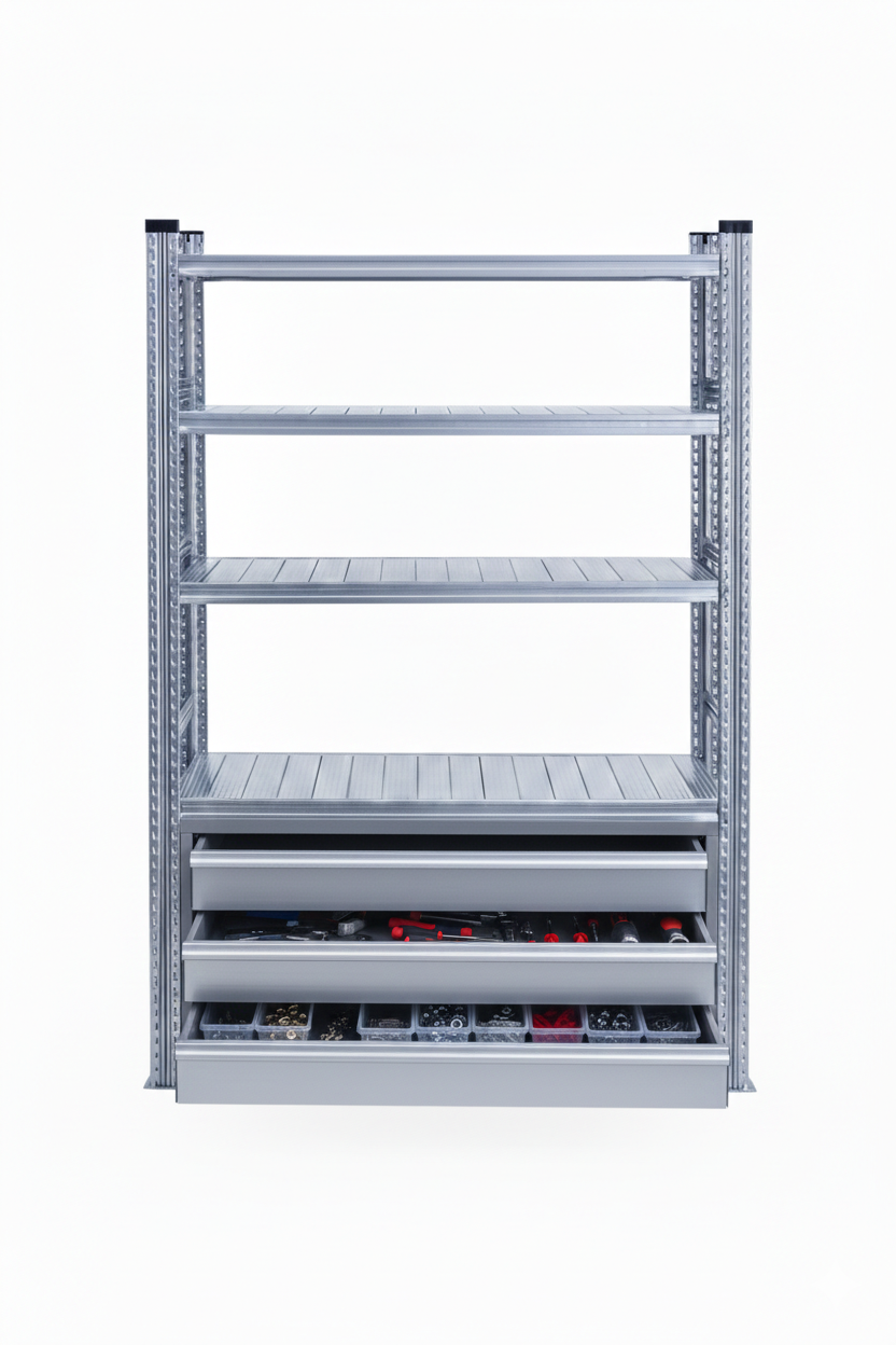 Scaffali metallici modulari con cassetti