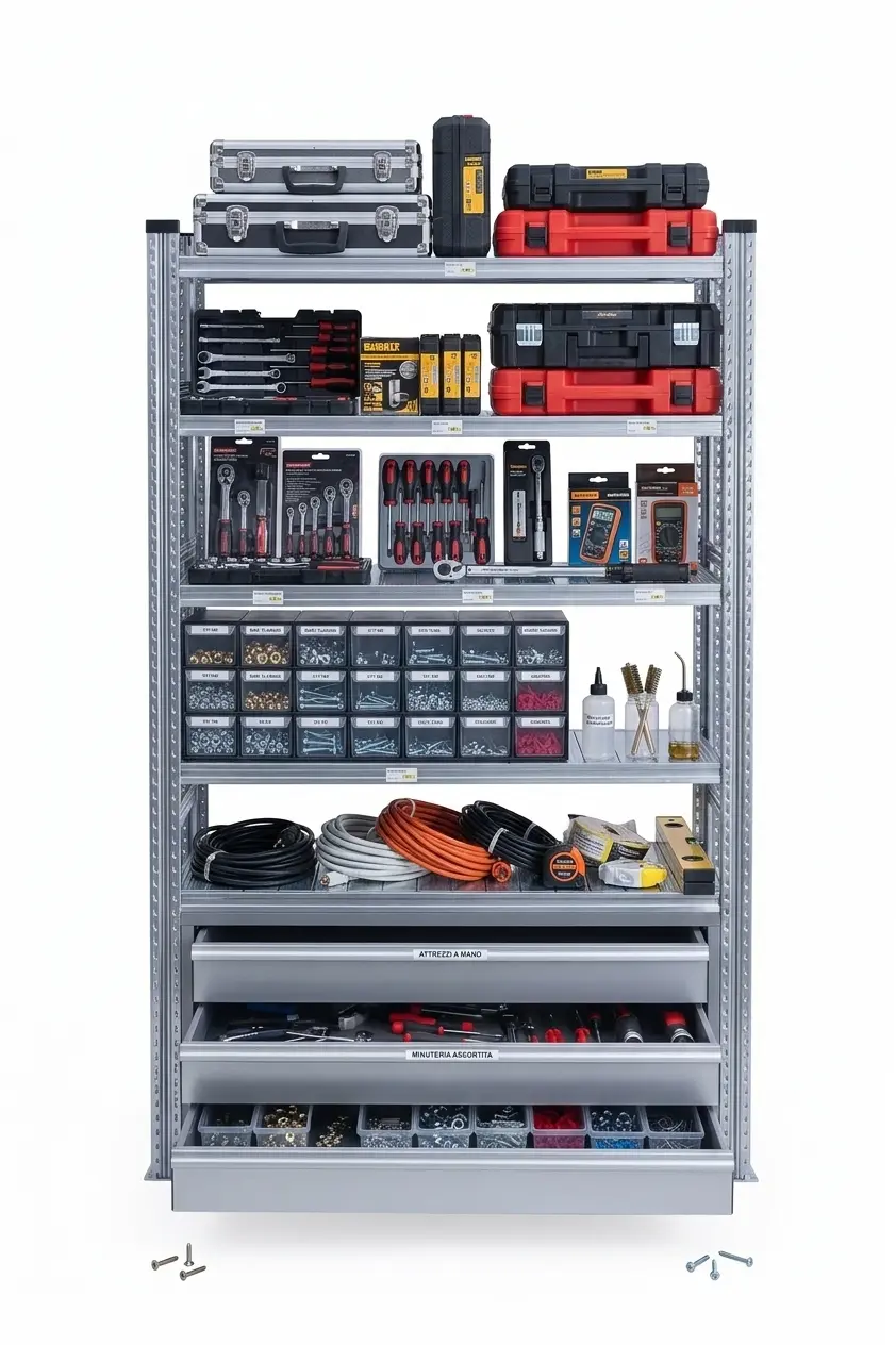 Scaffali metallici modulari con cassetti